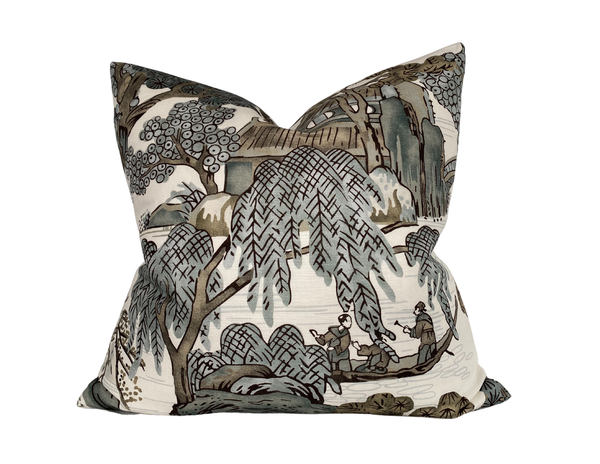 Asian Scenic Pillow Cover in Grey