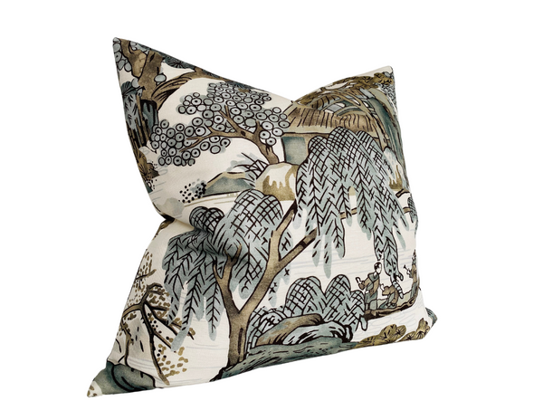 Asian Scenic Pillow Cover in Grey