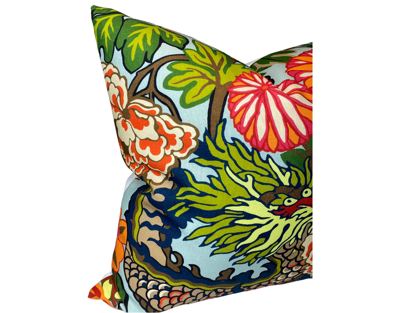 Schumacher Outdoor Chiang Mai Dragon Pillow Cover in Aquamarine