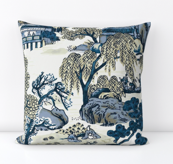 Asian Scenic Pillow Cover in Navy