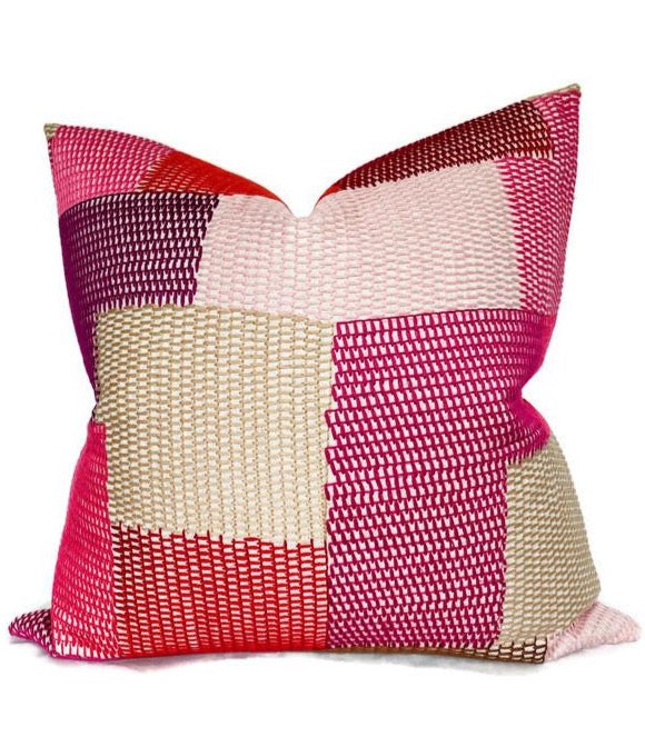 Schumacher Carnaby Embroidered Pillow Cover in Pink and Red