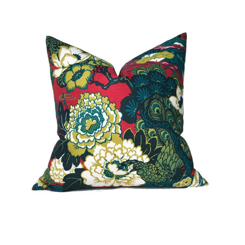 Schumacher Shanghai Peacock Pillow Cover in Cerise