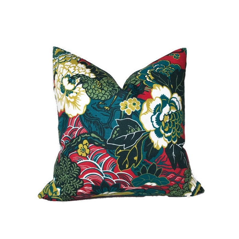 Schumacher Shanghai Peacock Pillow Cover in Cerise