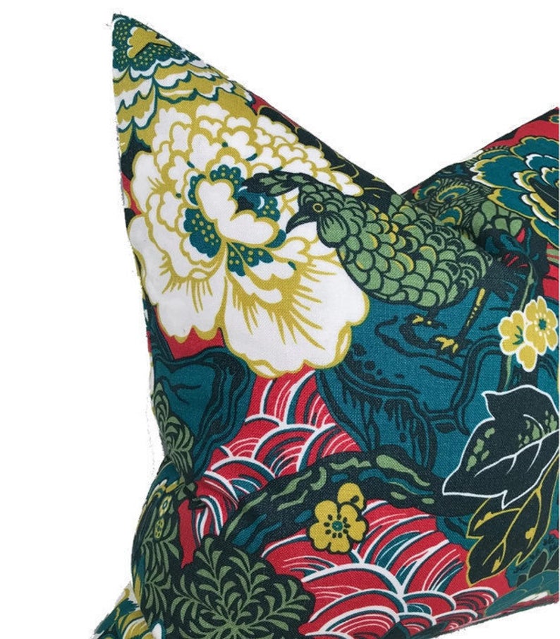 Schumacher Shanghai Peacock Pillow Cover in Cerise