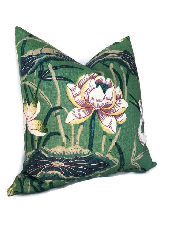 Schumacher Lotus Garden Pillow Cover in Jade Green