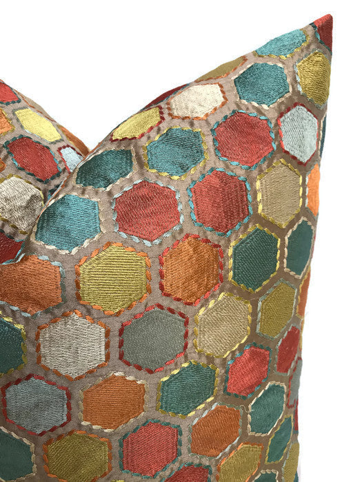 Multicolor Embroidered Hexagon Pillow Cover