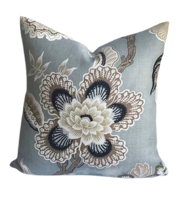 Schumacher Hothouse Floral Pillow Cover in Mineral Blue