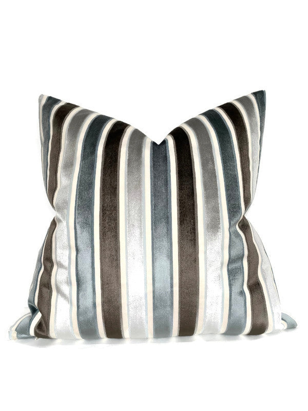 Striped Velvet Pillow Cover in Aqua